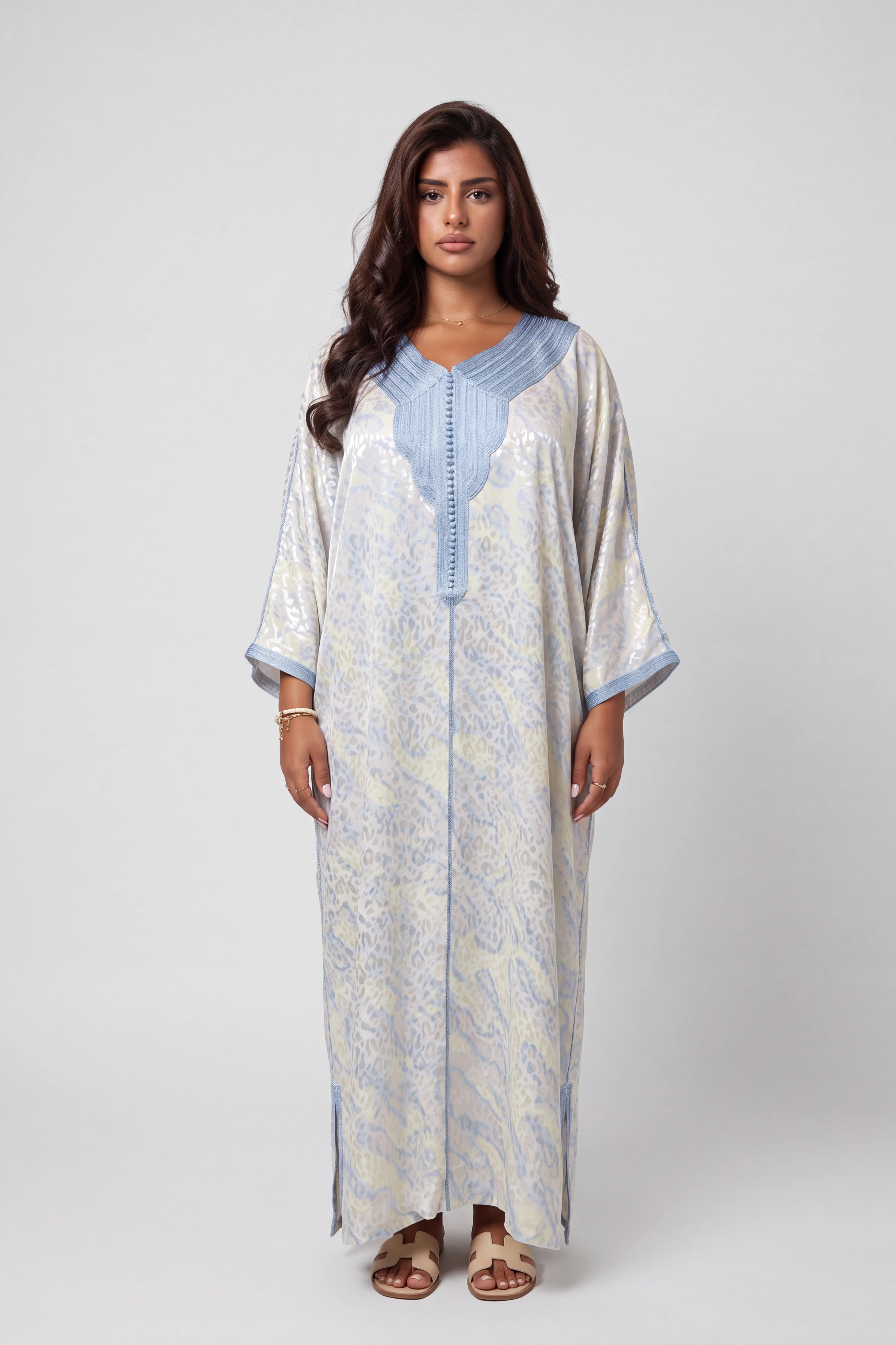 Gandoura Léopard Satinée Bleu Azur précommande 3/4 se