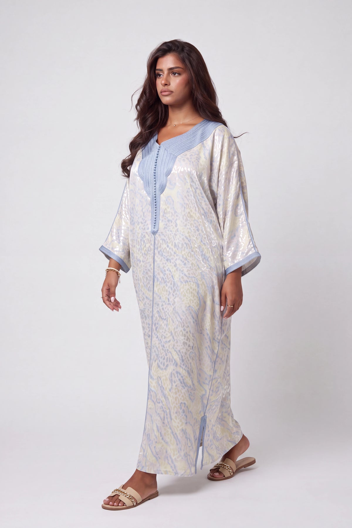 Gandoura Léopard Satinée Bleu Azur précommande 3/4 se