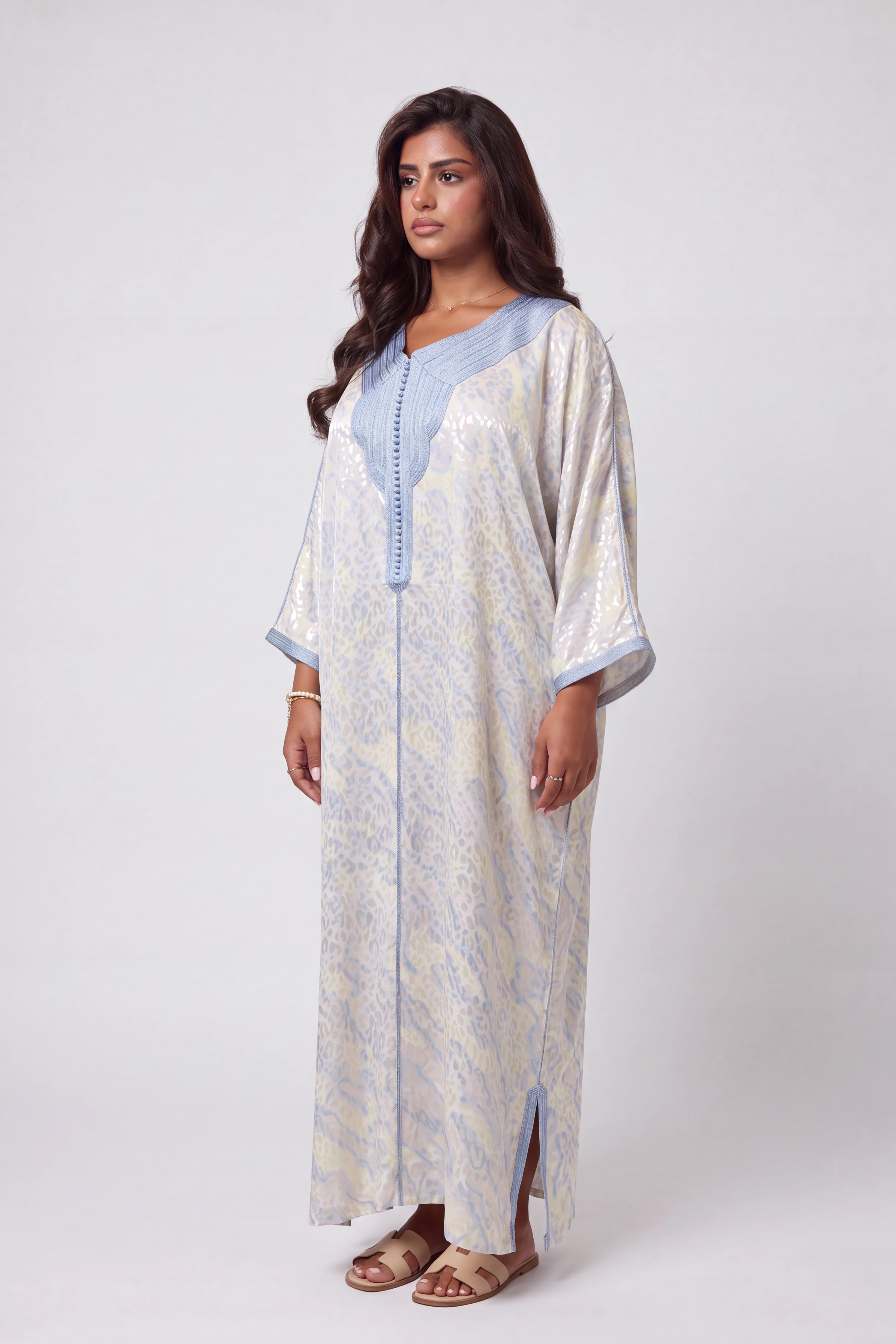 Gandoura Léopard Satinée Bleu Azur précommande 3/4 se