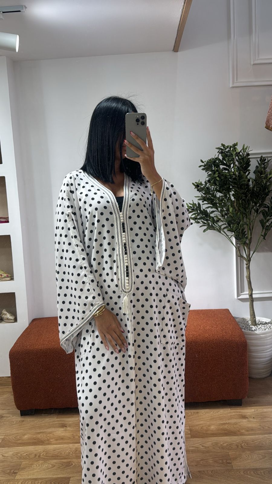 Gandoura Blanche petit pois noire